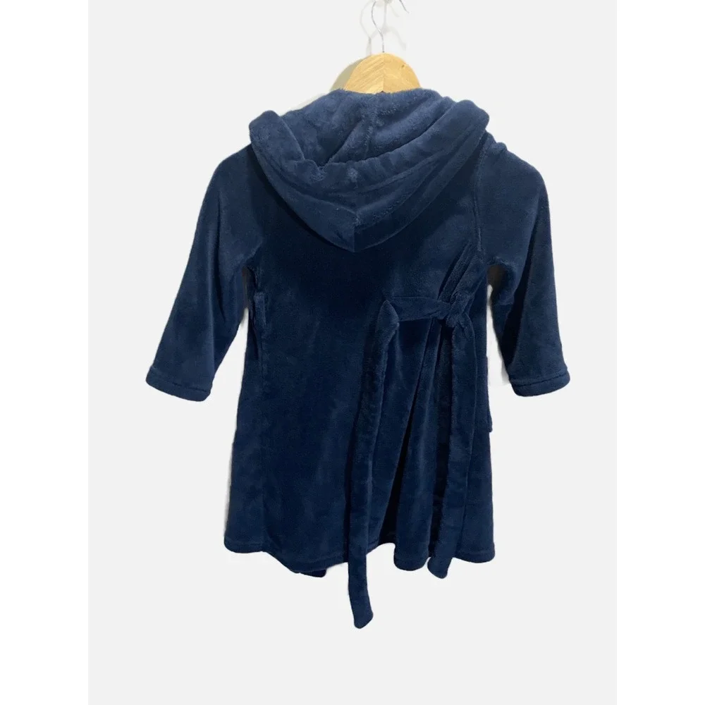 Lands' End Fleece Robe Kids 4 Navy Blue Hooded Plush Soft Loungewear Bathrobe‎